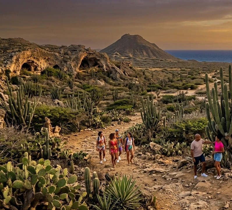 Paisagem árida e trilhas do Parque Nacional Arikok em Aruba