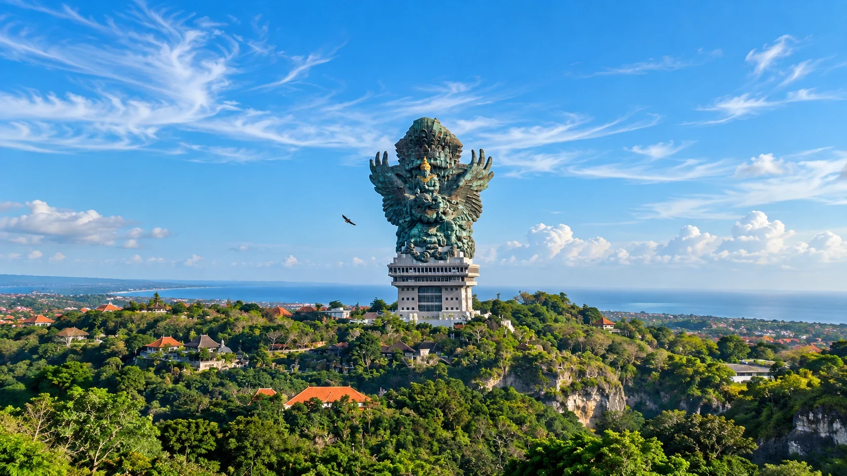 Garuda Wisnu Kencana em Bali com paisagem verde ao redor, ilustrando as diferentes regiões turísticas da ilha.