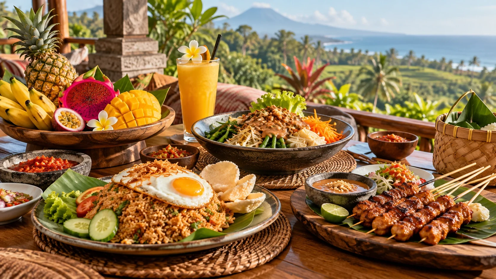 Mesa com pratos da gastronomia balinesa e frutas tropicais, representando a culinária de Bali.