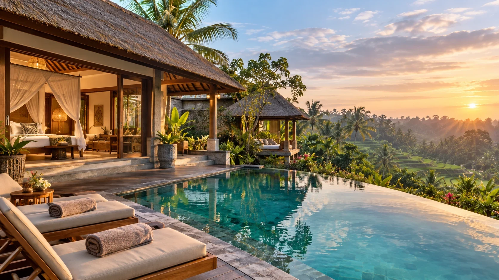 Villa com piscina infinita e vista para os arrozais em Bali, ilustrando opções de hospedagem na ilha.