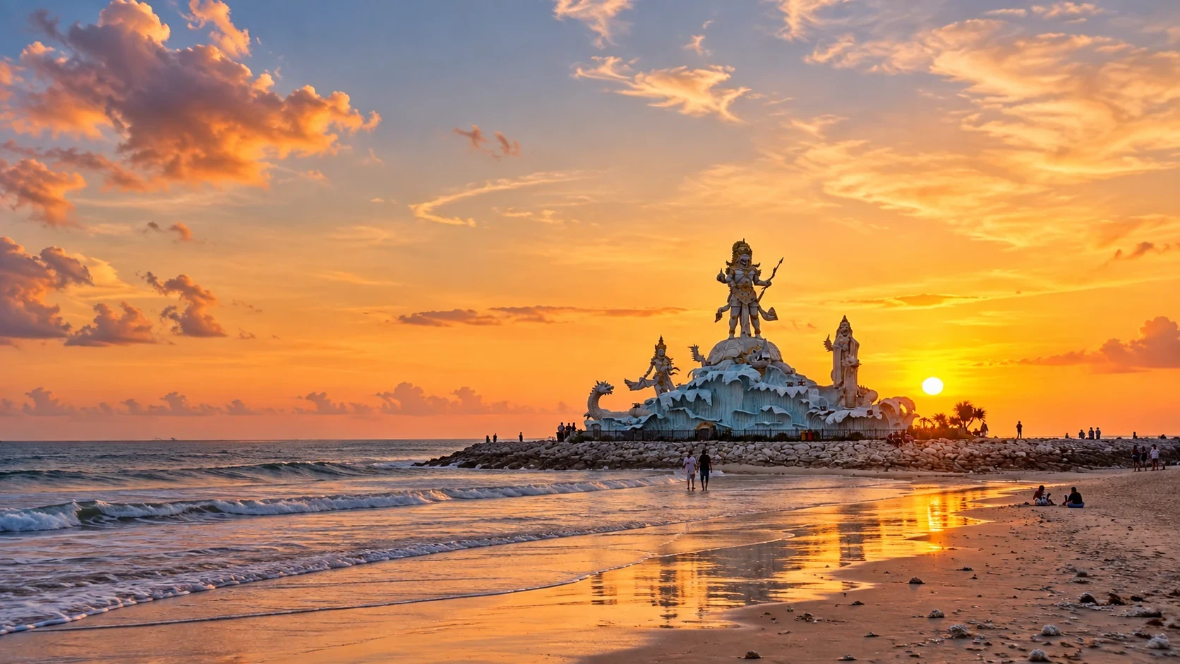 Patung Triratna Amreta Bhuwana na Pantai Jerman, em Kuta, Bali, ao pôr do sol.