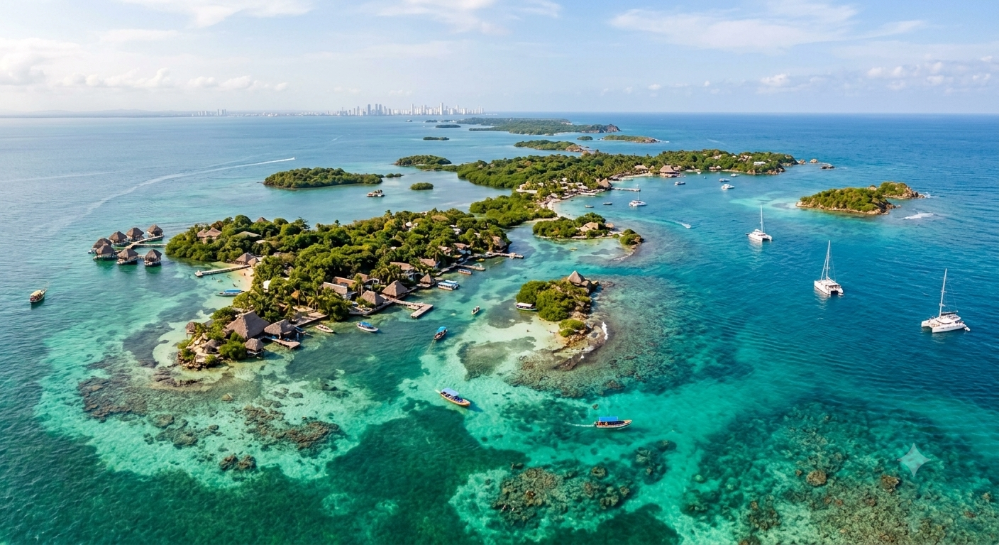 Águas cristalinas das Islas del Rosario no Caribe colombiano