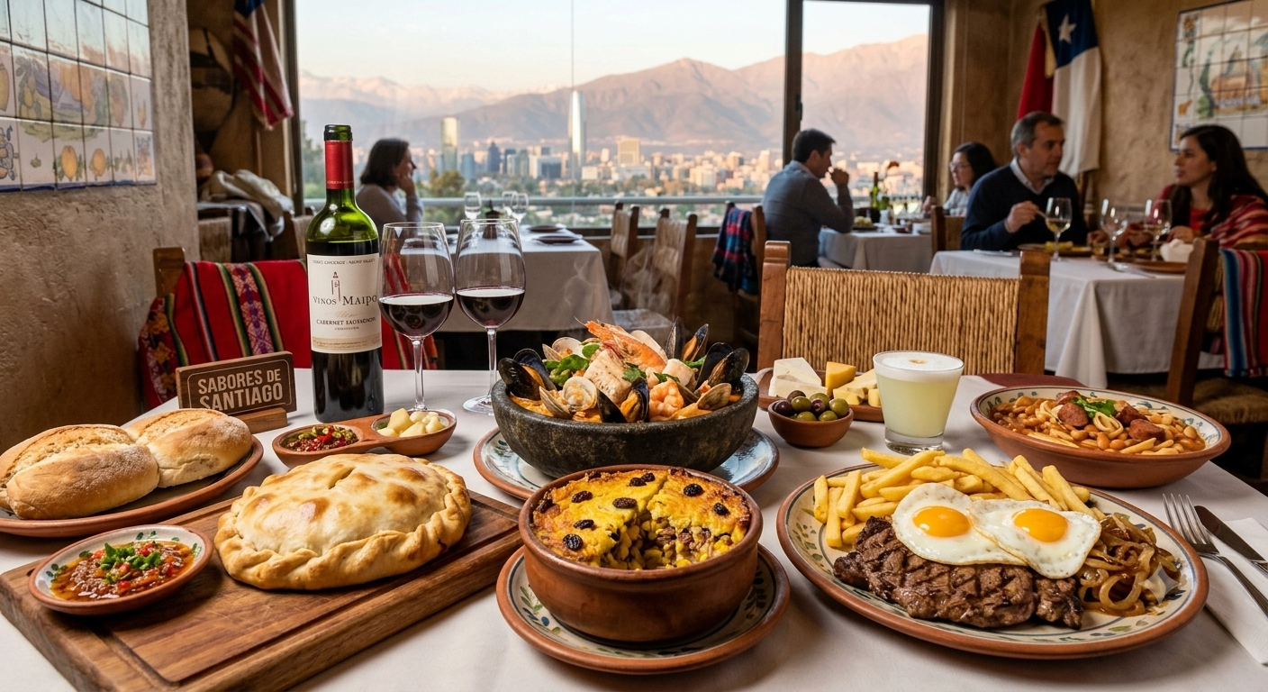 Pratos da gastronomia chilena servidos em Santiago