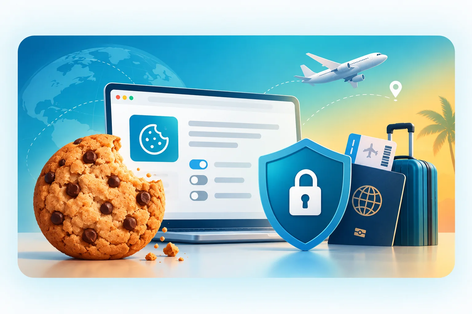 Ilustração de navegador, cookie e cadeado representando privacidade digital