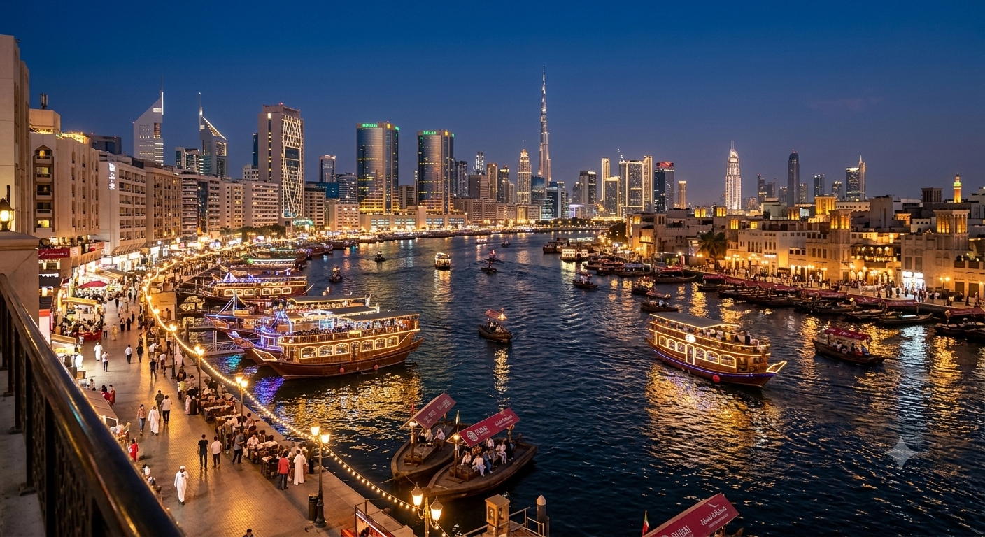Dubai Creek com travessia tradicional de abra entre bairros históricos