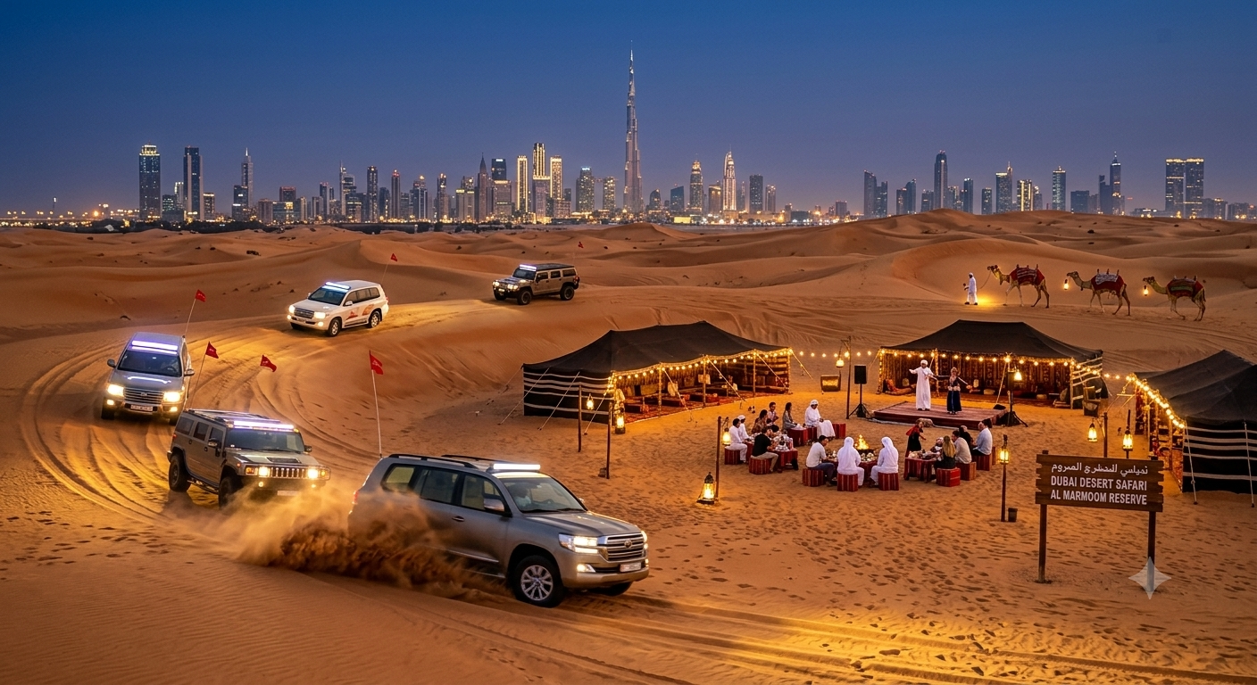 Safari nas dunas do deserto de Dubai ao pôr do sol