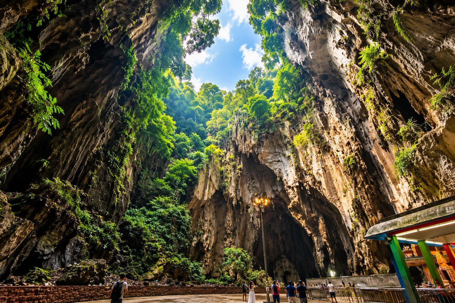 Interior de Batu Caves, na Malásia, com paredes de calcário, vegetação e abertura natural no topo
