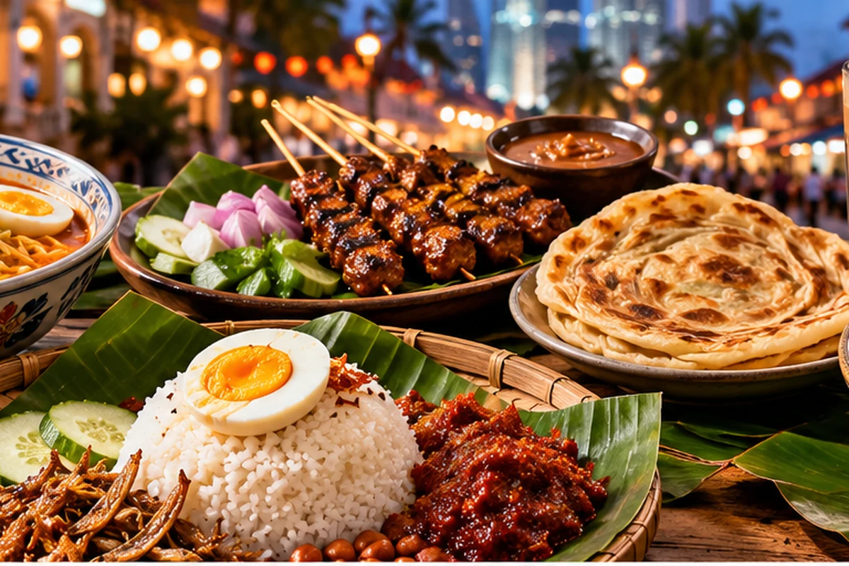 Mesa com pratos da culinária malaia, incluindo nasi lemak, satay, laksa e roti canai