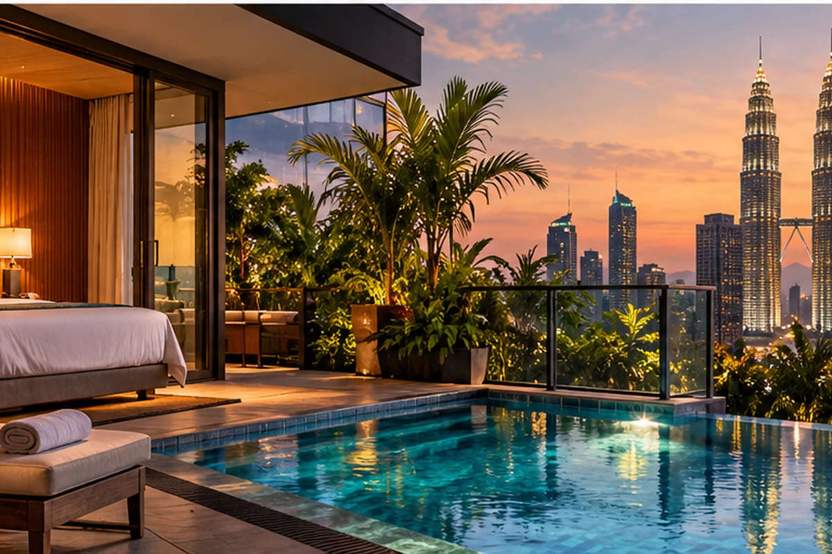 Hospedagem na Malásia com hotel de alto padrão, piscina e vista urbana de Kuala Lumpur