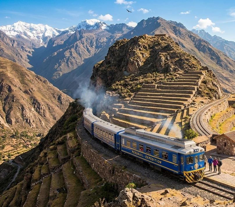 Trem turístico pelos Andes em direção à região de Machu Picchu