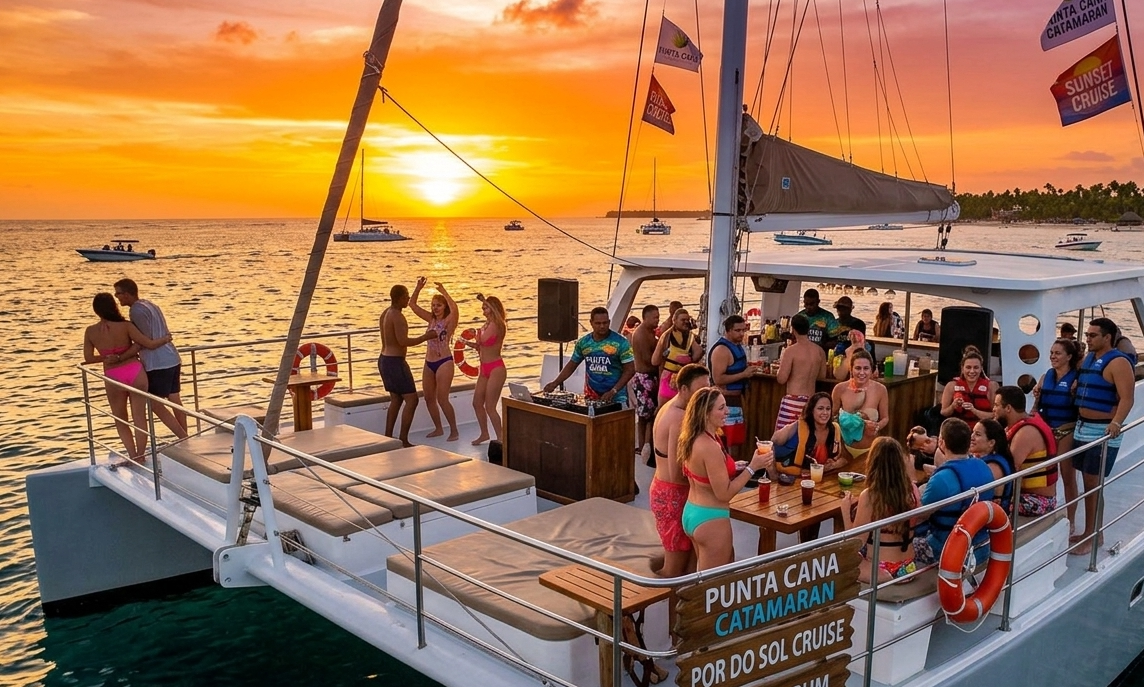 Catamarã navegando ao pôr do sol em Punta Cana