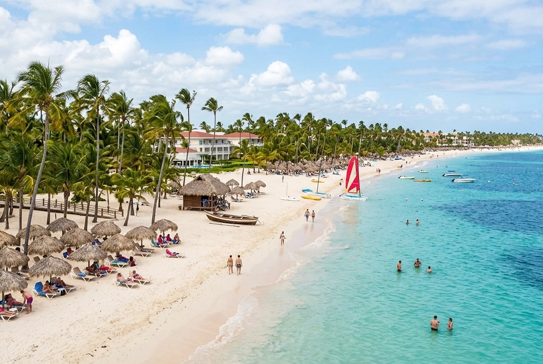 Playa Bávaro com areia clara, coqueiros e mar azul em Punta Cana