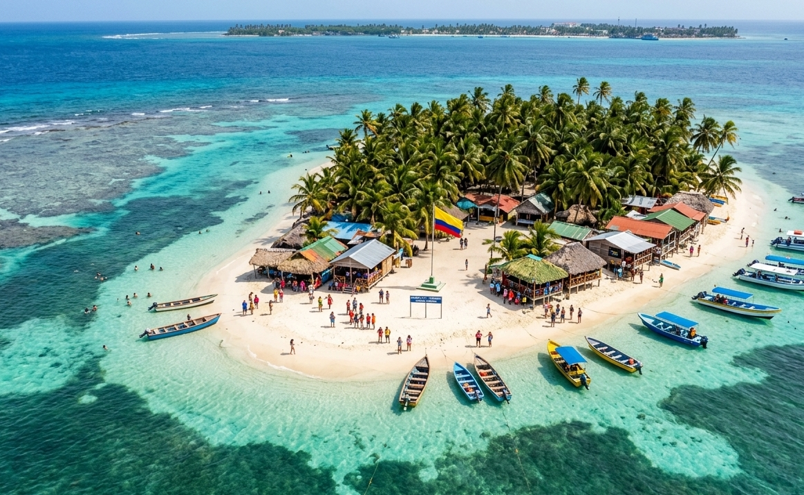 Johnny Cay com areia clara, coqueiros e mar azul em San Andrés