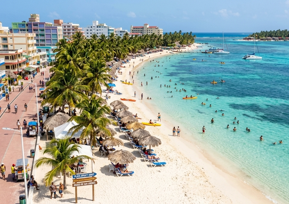 Praia de Spratt Bight com mar azul e calçadão em San Andrés