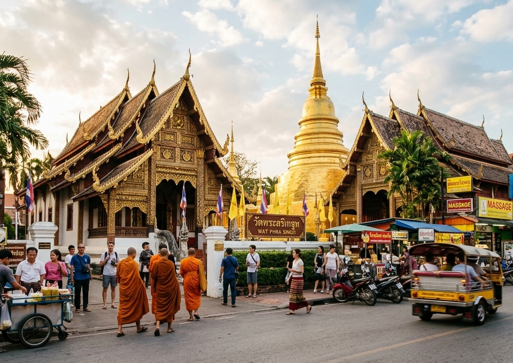 Templo e paisagem montanhosa de Chiang Mai no norte da Tailândia
