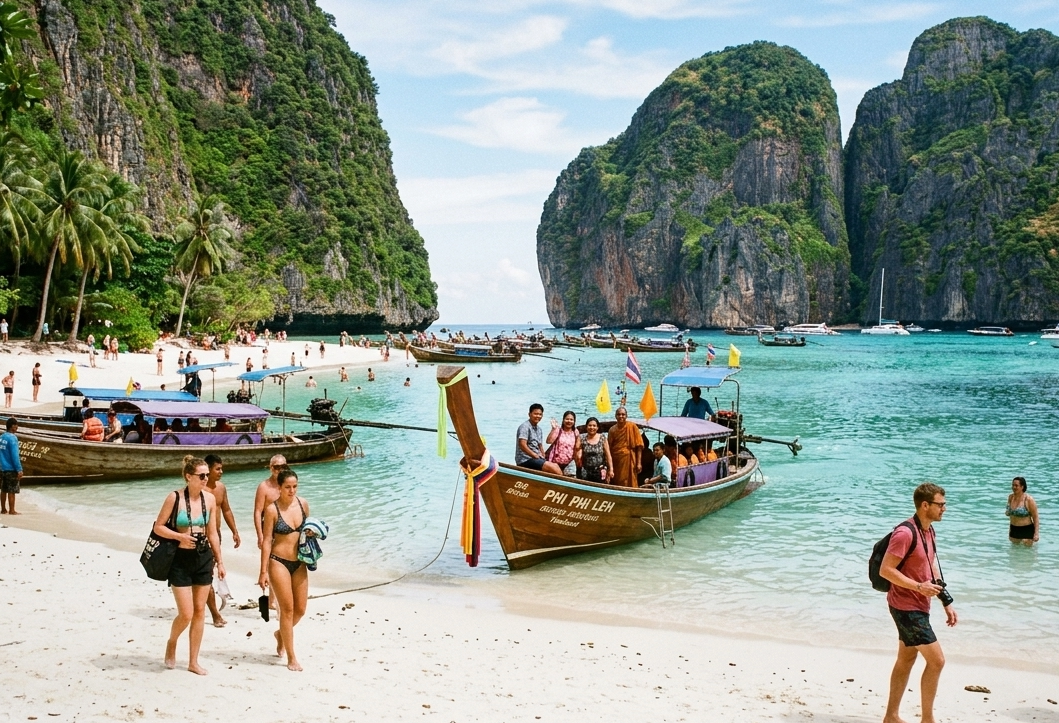 Mar azul e ilhas Phi Phi durante passeio de snorkeling na Tailândia