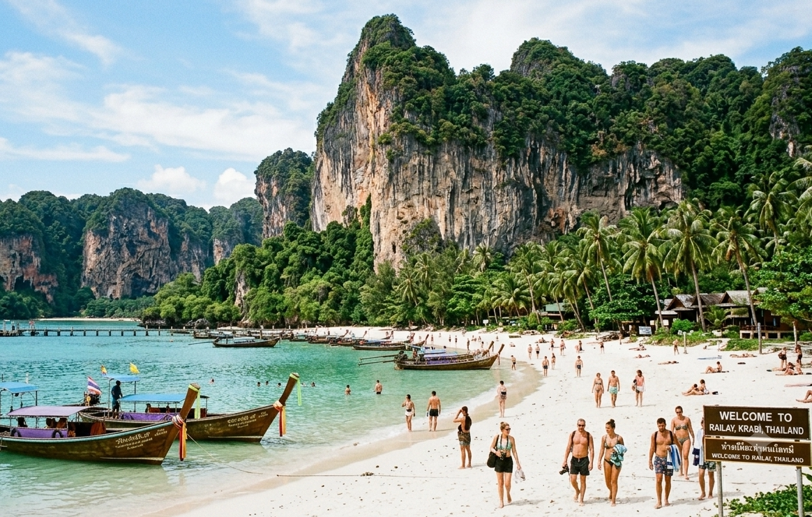 Falésias calcárias e praia de Railay em Krabi, Tailândia