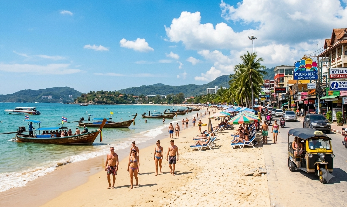 Praia tropical de Phuket com mar azul na Tailândia