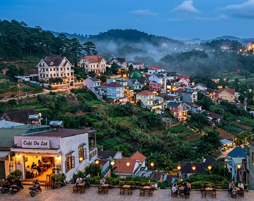 Lagos, jardins e paisagem de altitude de Da Lat no Vietnã