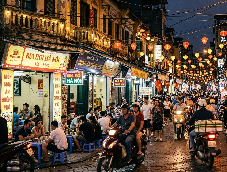 Ruas históricas e cafés do Bairro Antigo de Hanoi no Vietnã